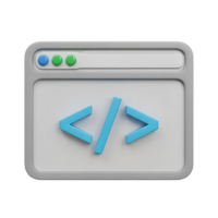 3D rendered icon of a web browser window displaying code tags symbolizing web development source code inspection or frontend programming tasks png
