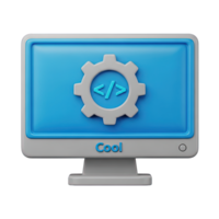 3D rendered icon of a cool computer monitor with a settings gear and code tags for advanced software development or system customization tasks png