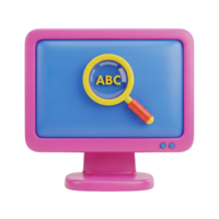 3D rendered icon of a vibrant pink computer monitor with a magnifying glass over ABC text symbolizing online search information retrieval or text analysis png