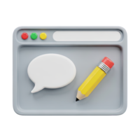 3D rendered icon of a web browser window with a speech bubble and pencil symbolizing online commenting content creation or blog posting activity png