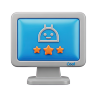 3D rendered icon of a computer monitor showing an android robot and three stars representing mobile app rating review or software quality assessment png