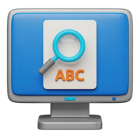3D rendered icon of a desktop computer screen with a magnifying glass focused on ABC text representing detailed search data query or textual exam png