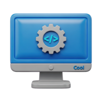 3D rendered icon of a cool computer monitor displaying a settings gear with code tags for innovative software engineering or system optimization app png