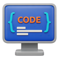 3D rendered icon of a computer monitor screen showing CODE in curly braces with an equals sign for programming assignment or variable declaration use png