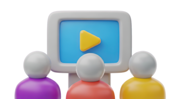 3D rendered icon of a computer screen with a play icon and multiple user figures for virtual meetings online presentations or group calls today png