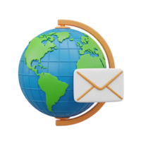 3D rendered icon of a globe on a stand with an envelope symbolizing international mail global communication or worldwide postal services delivery png