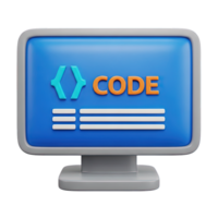 3D rendered icon of a computer monitor displaying the word CODE within curly braces symbolizing programming software development and coding languages png