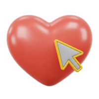 Red heart with computer cursor 3D icon for online dating, clicking favorites, or digital affection. Isolated render for social platforms, user interaction. Modern web love graphic. png