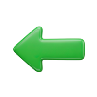 Green left arrow 3D icon for direction, navigation, or previous step. Isolated render for UI controls, slideshows, presentations, instructional guides. Simple graphic for web. png