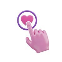 Hand tapping heart icon 3D render for like, favorite, or social media interaction. Isolated graphic for app UIs, engagement buttons, user feedback. Clean digital approval visual. png
