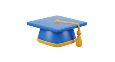 Blue and yellow graduation cap 3D icon for academic achievement, education, commencement. Isolated render for university websites, e learning platforms. Celebratory graphic for events. png