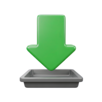 Download 3D icon with green arrow and tray for file saving and data transfer. Isolated render for software updates, document archiving, cloud storage UIs. Modern graphic. png