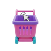 Online shopping cart 3D icon in pink and purple with cursor for ecommerce. Isolated render for web stores, retail apps, checkout process. Vibrant graphic for digital marketing. png