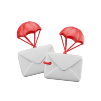 Airmail envelopes with parachutes 3D icon for fast delivery and priority messaging. Isolated render for express shipping, email marketing, urgent notifications. Dynamic graphic. png