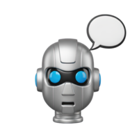 Robot head with speech bubble 3D icon for AI chatbot communication or virtual assistant. Isolated render for tech support, customer service, AI presentations. Futuristic graphic. png