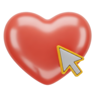 Heart with mouse cursor 3D icon for online love, dating site interaction, or clicking favorites. Isolated render for romantic web platforms, user engagement. Digital affection graphic. png