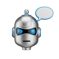 Robot head with blank speech bubble 3D icon for AI communication or chatbot interface. Isolated render for virtual assistant placeholders, tech support visuals. Futuristic graphic. png
