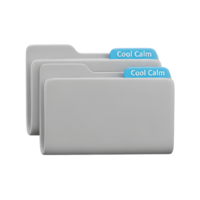 Stack of grey folders 3D icon labeled Cool Calm for organized file management. Isolated render for project archives, cloud services, office software. Neat graphic for digital systems. png