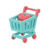 Shopping cart with heart 3D icon for favorite products, wishlist, or customer loyalty in ecommerce. Isolated render for online retail apps, user profiles. Cherished purchase graphic. png