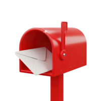 Red mailbox 3D icon for mail communication and messages. This isolated render suits email alerts, postal themes, UI design. A modern graphic for web apps and digital messaging. png