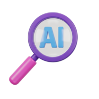 AI search 3D icon with magnifying glass over AI text for artificial intelligence research. Isolated render for tech blogs, data analysis tools. Modern graphic for intelligent search. png