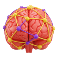 Brain with network connections 3D icon for neuroscience, AI, or mental health. Isolated render for neurology research, tech innovation, psychology apps. Complex thought graphic. png