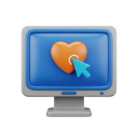 Computer monitor with heart and cursor 3D icon for online dating, health tracking, favorite content. Isolated render for social media, healthcare dashboards. Modern digital affection graphic. png