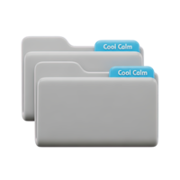 Grey stacked folders 3D icon with Cool Calm labels for document organization and data archiving. Isolated render for file system UIs, business apps. Clean graphic for info management. png