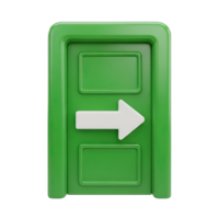 Green exit door 3D icon for escape, logout, or departure. Isolated render for UI navigation, emergency exit signs, process termination. Clear graphic for web apps and safety. png