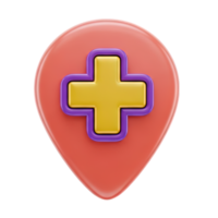 Red location pin with a yellow medical cross symbol for finding hospitals clinics or healthcare services on a map ideal for navigation apps medical directories and local health service finders png