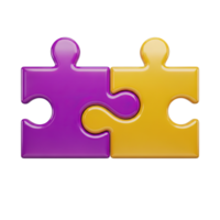 Two puzzle pieces a purple and a yellow one fitting together symbolizing solution connection partnership problem solving strategy compatibility or teamwork for projects and ideas creation png