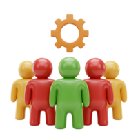 Team of colorful figures with a gear above them representing teamwork collaboration business process team management synergy or coordinated operational efforts in an organization for work png
