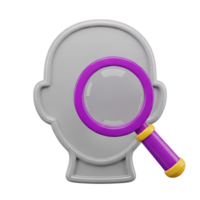 Profile analysis search 3D icon Head silhouette with a magnifying glass for user data research personnel screening or identity investigation concepts png