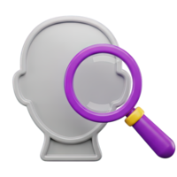 User profile search 3D icon Head silhouette with a magnifying glass symbolizing user lookup identity verification account search or personnel analysis png