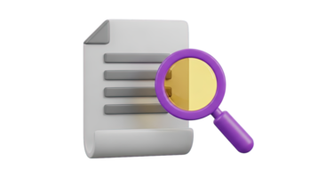 Document search analysis 3D icon Paper document with a magnifying glass symbolizing file search content review data analysis or information retrieval tool png