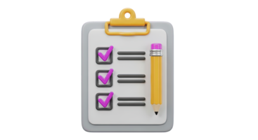 Checklist task management 3D icon Clipboard with a checklist and pencil symbolizing task completion project planning organization to do list or survey form png
