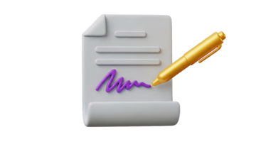 Contract signature pen 3D icon Document page with a golden pen signing symbolizing official agreement legal binding contract or formal approval process png