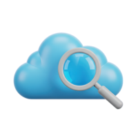 Cloud data analysis 3D graphic Blue cloud element with a magnifying glass for concepts like cloud based analytics big data search or online research png