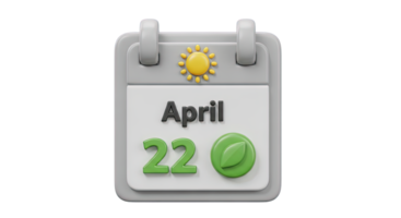 Event calendar April 22 3D icon Calendar page showing April 22 with an Earth Day symbol representing specific date event reminder or holiday planning png