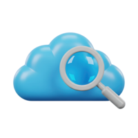 Cloud search functionality 3D icon Blue cloud with a magnifying glass symbolizing searching within cloud storage data discovery or online information retrieval png