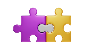 Puzzle connection solution 3D icon Two interlocking puzzle pieces in purple and yellow symbolizing connection teamwork problem solving or solution integration png