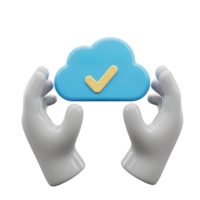 Managed cloud services 3D concept Hands holding a cloud with a checkmark representing reliable cloud support managed hosting and validated IT solutions png