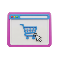 Online shopping cart 3D icon Web browser window showing a shopping cart with a cursor clicking representing ecommerce checkout online purchase or web store png