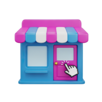 Digital storefront click 3D icon Online shop facade with a cursor clicking the door representing ecommerce browsing virtual shopping or web store interaction png