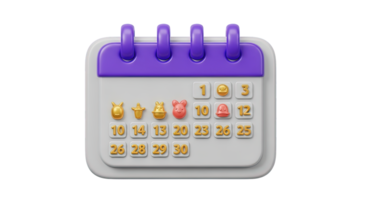 Detailed event calendar 3D icon Full month calendar with marked event days symbolizing busy schedule planning appointments reminders and time management png