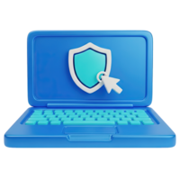 Laptop security protection 3D icon Blue laptop with a shield and checkmark on screen symbolizing cybersecurity antivirus software data safety or secure computing png