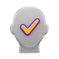3D rendered icon of a stylized head with a yellow checkmark symbolizing approval verification success or a completed task for project management app png