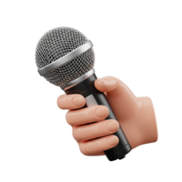 3D rendered icon of a hand holding a microphone representing public speaking interview podcasting voice recording or karaoke entertainment event png