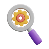 3D rendered icon of a magnifying glass with a gear inside symbolizing research settings analysis technical search or SEO optimization tools online png