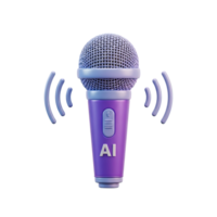 3D rendered icon of a purple microphone with AI text and sound waves representing artificial intelligence voice assistant smart speaker or tech png